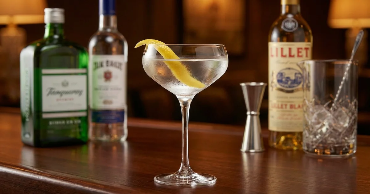 Professional photograph of a Vesper Martini cocktail with garnish in elegant bar setting