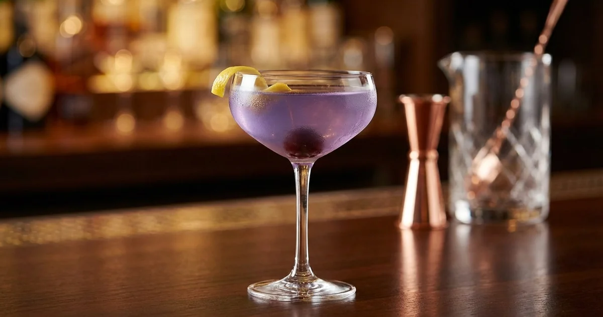Professional photograph of a Aviation cocktail with garnish in elegant bar setting