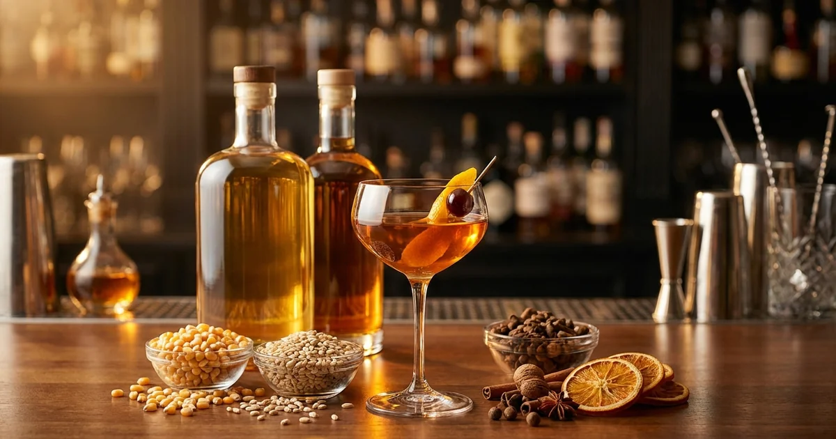 Collection of premium bourbon spirits with crafted cocktail