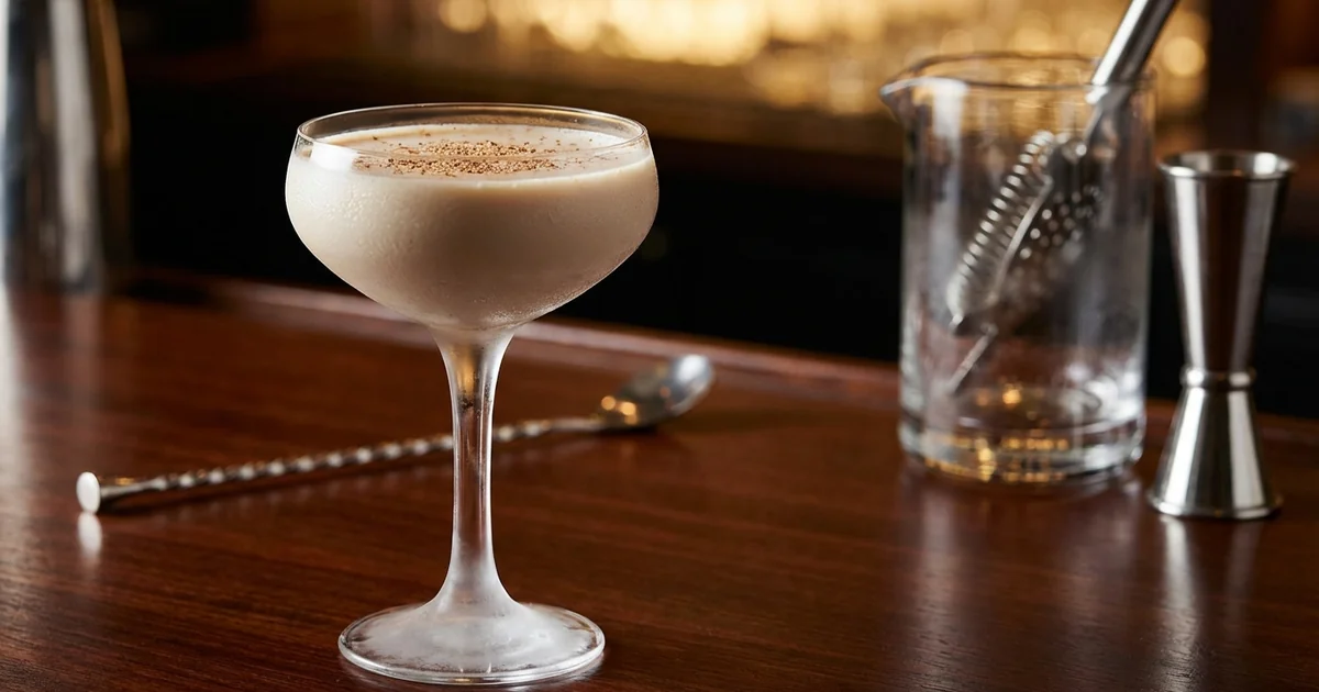 Professional photograph of a Brandy Alexander cocktail with garnish in elegant bar setting