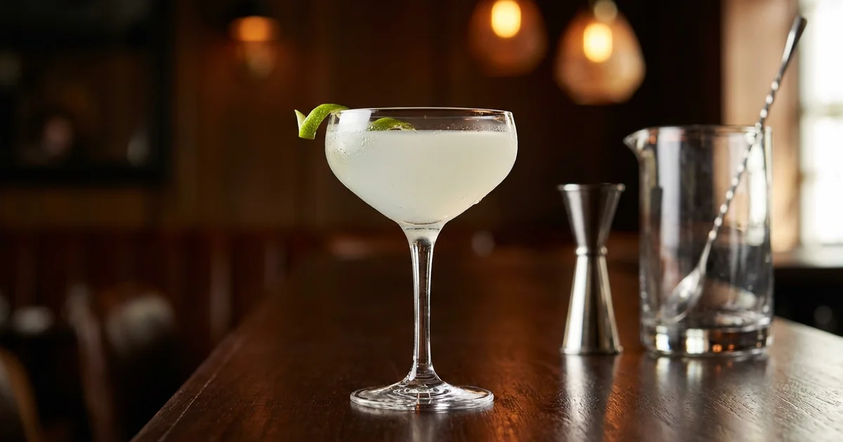 Professional photograph of a Classic Daiquiri cocktail with garnish in elegant bar setting
