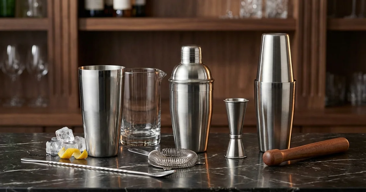Essential bar tools and equipment arranged on professional bartender workspace
