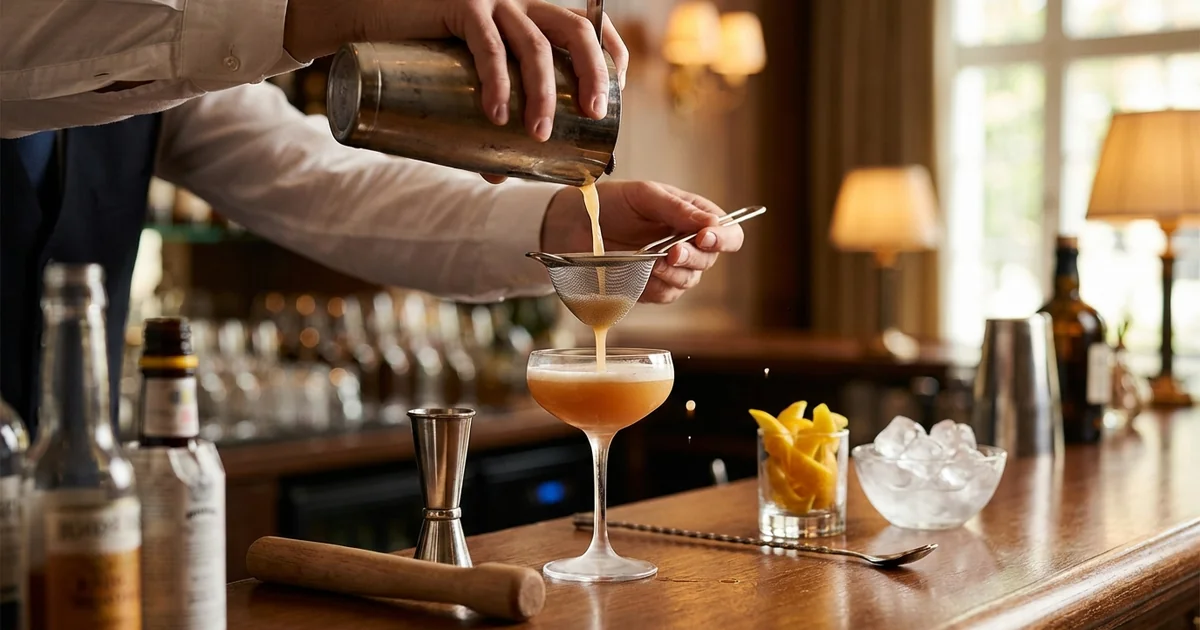 Bartender demonstrating cocktail preparation technique with professional bar tools