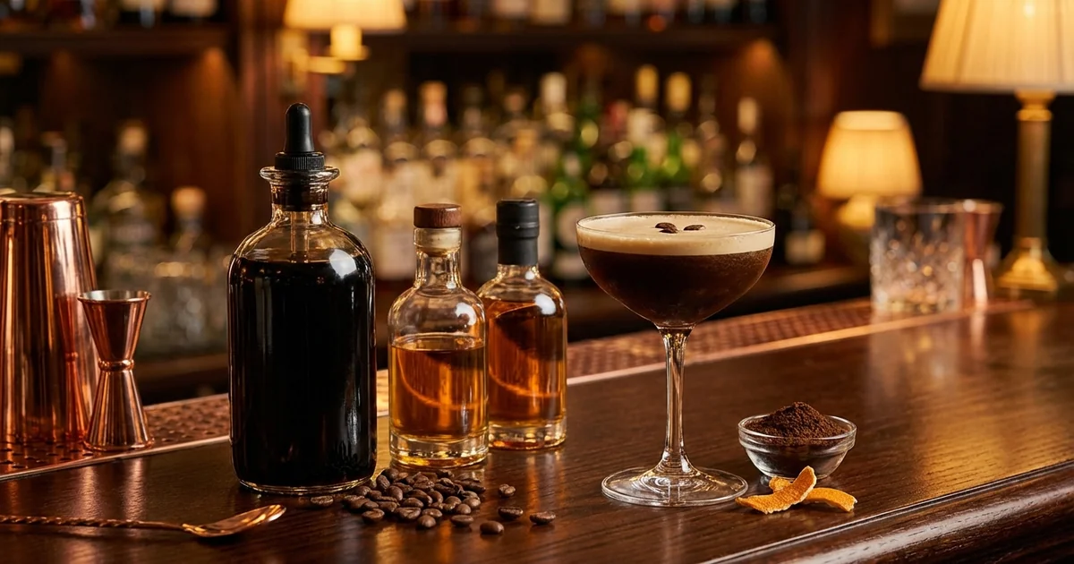 Collection of premium coffee liqueur spirits with crafted cocktail