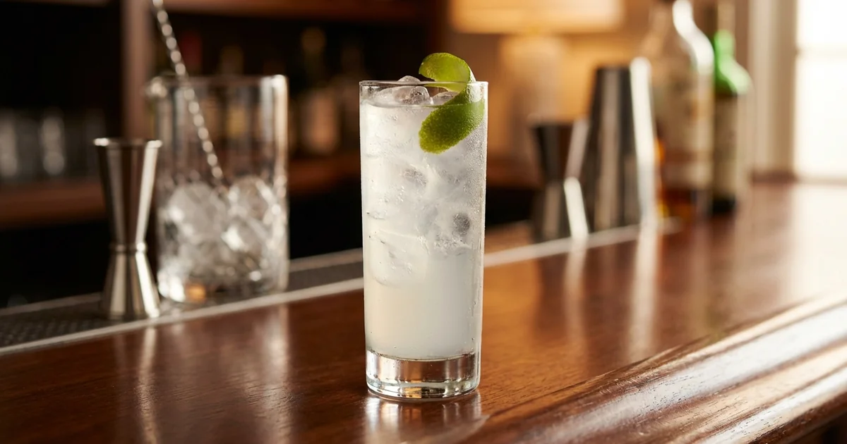 Professional photograph of a Gin Rickey cocktail with garnish in elegant bar setting