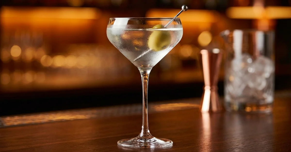 Professional photograph of a The History of the Martini cocktail with garnish in elegant bar setting