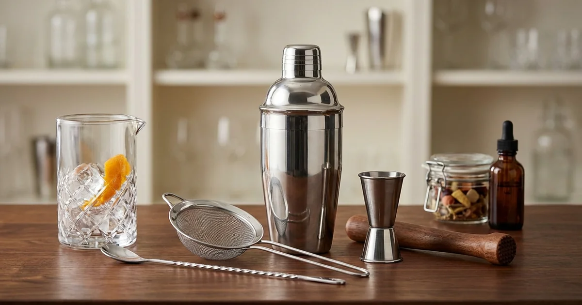 Essential bar tools and equipment arranged on professional bartender workspace