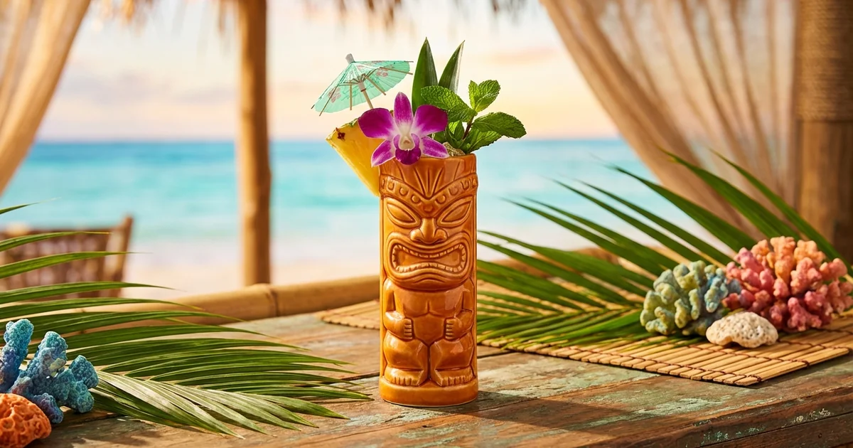 Colorful tropical Mai Tai in tiki-style presentation with exotic garnishes