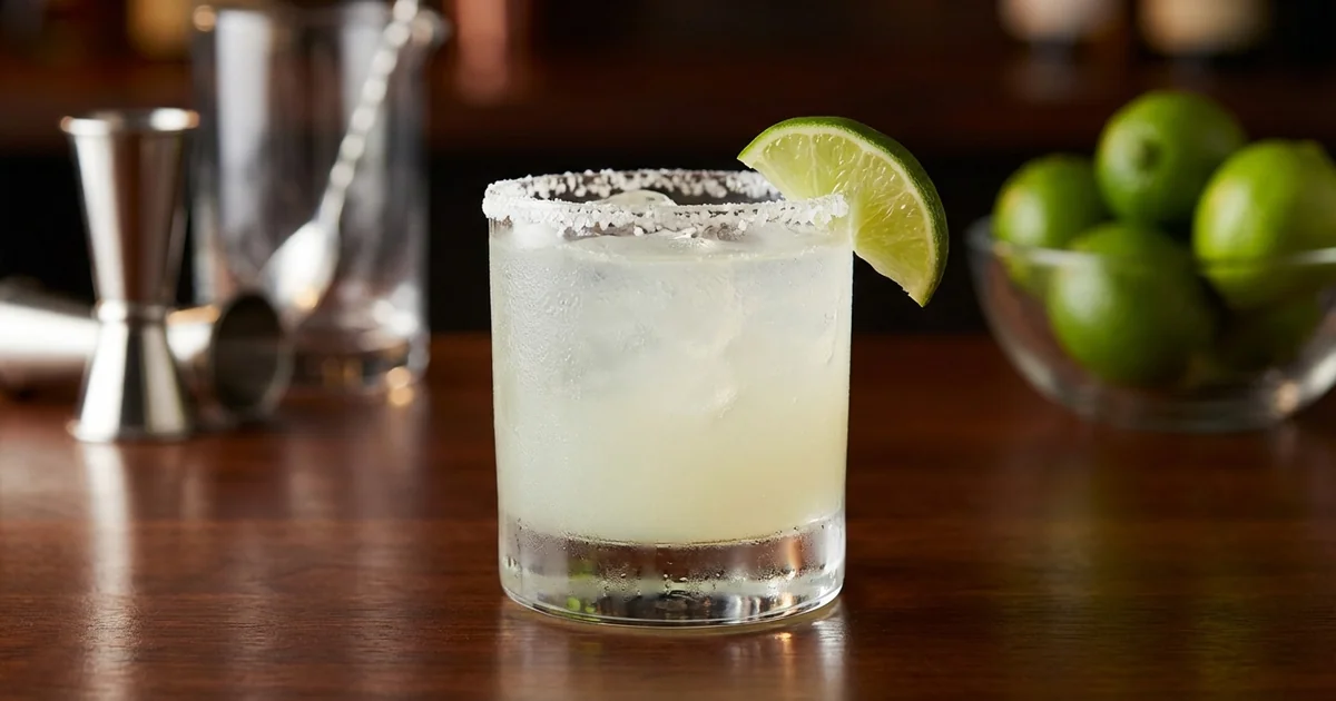 Professional photograph of a Margarita cocktail with garnish in elegant bar setting