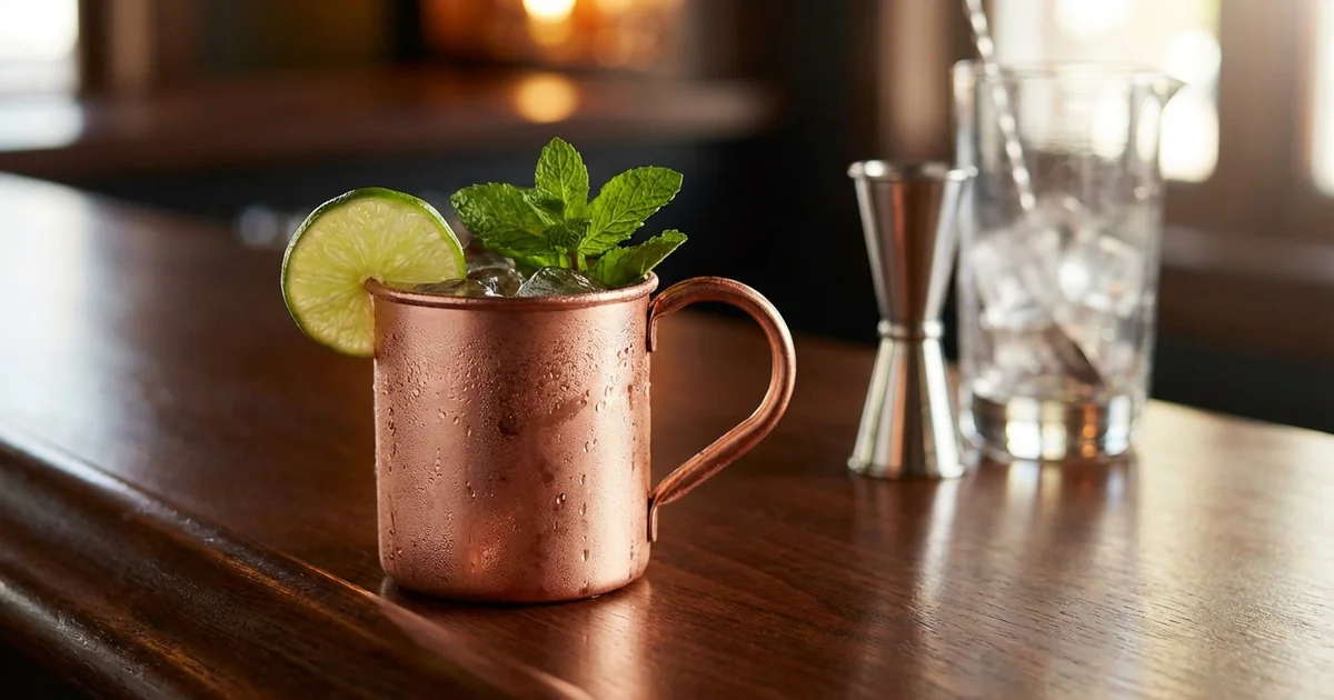 Professional photograph of a Moscow Mule cocktail with garnish in elegant bar setting