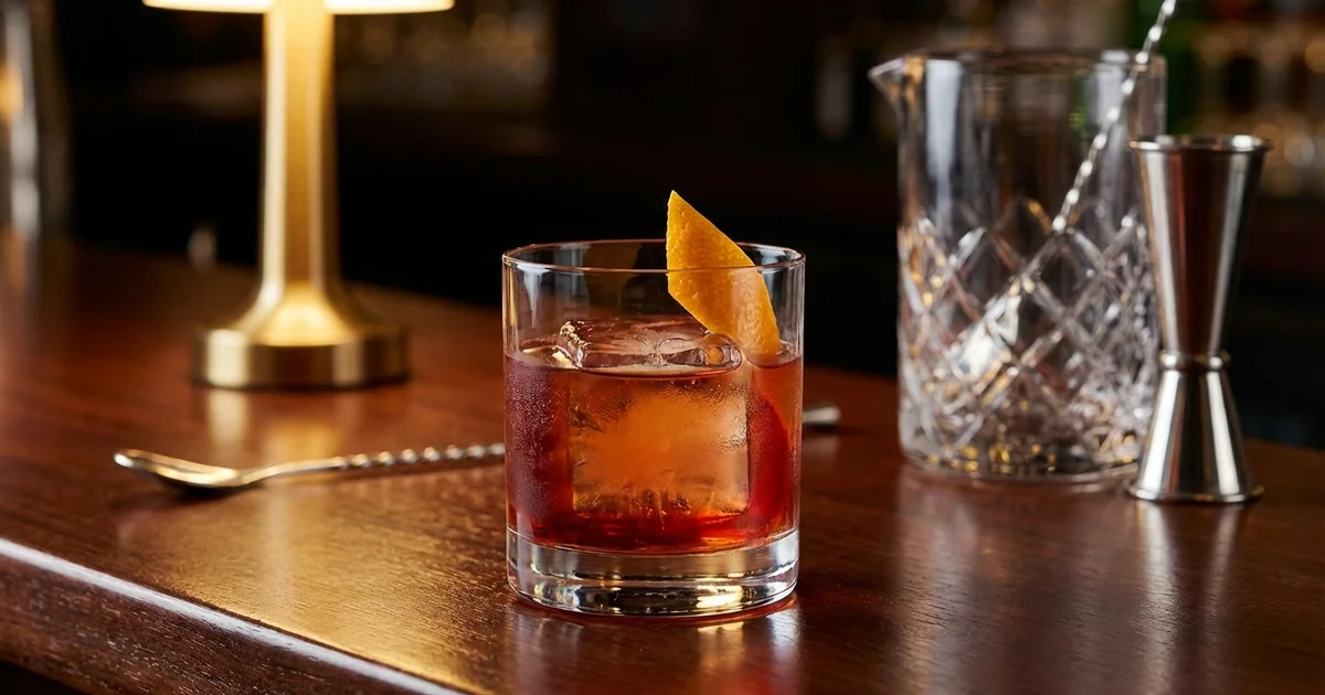 Professional photograph of a Negroni cocktail with garnish in elegant bar setting