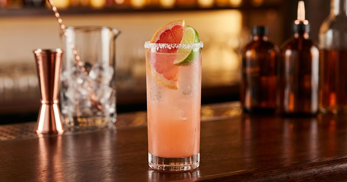 Professional photograph of a Paloma cocktail with garnish in elegant bar setting
