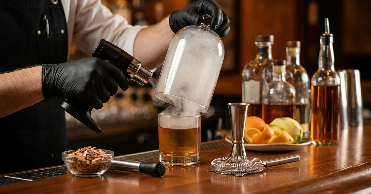 Bartender demonstrating cocktail preparation technique with professional bar tools