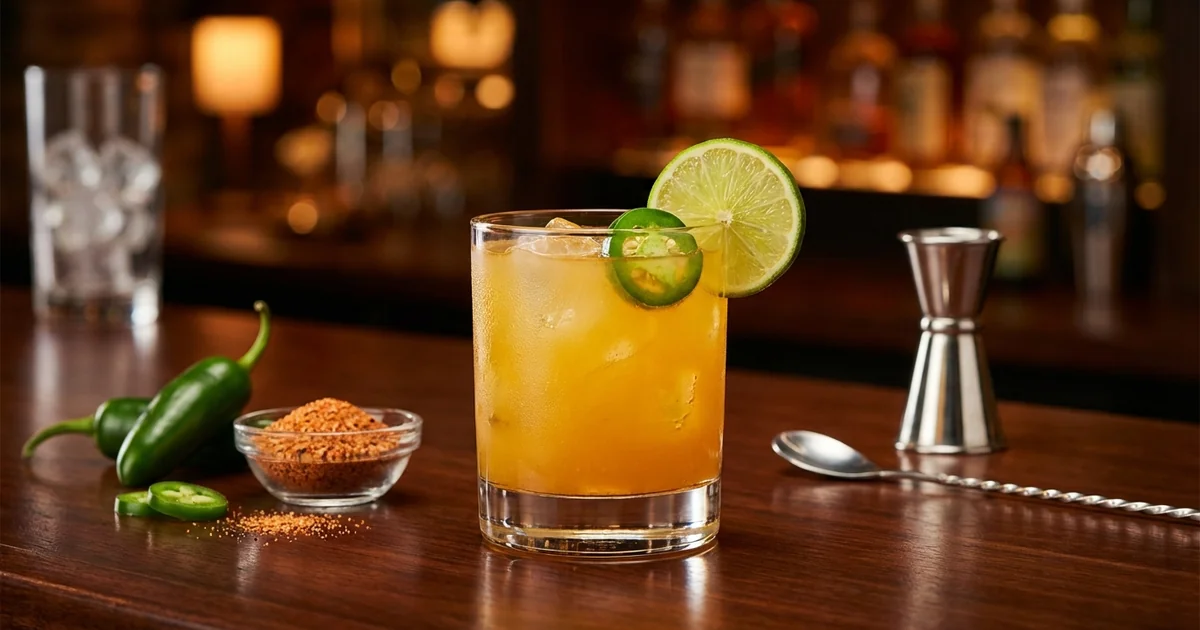 Professional photograph of a Spicy Margarita cocktail with garnish in elegant bar setting