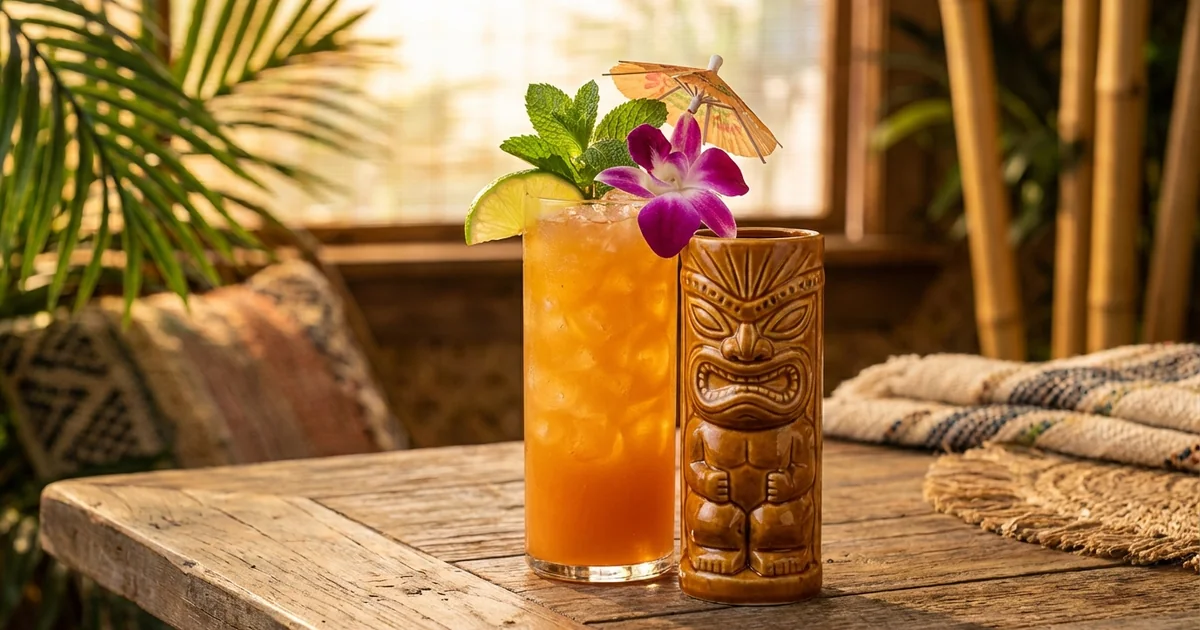 Colorful tropical Zombie in tiki-style presentation with exotic garnishes